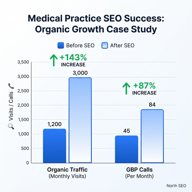 Bar chart showing healthcare SEO results: 143% organic traffic growth over 9 months for a Vancouver medical clinic